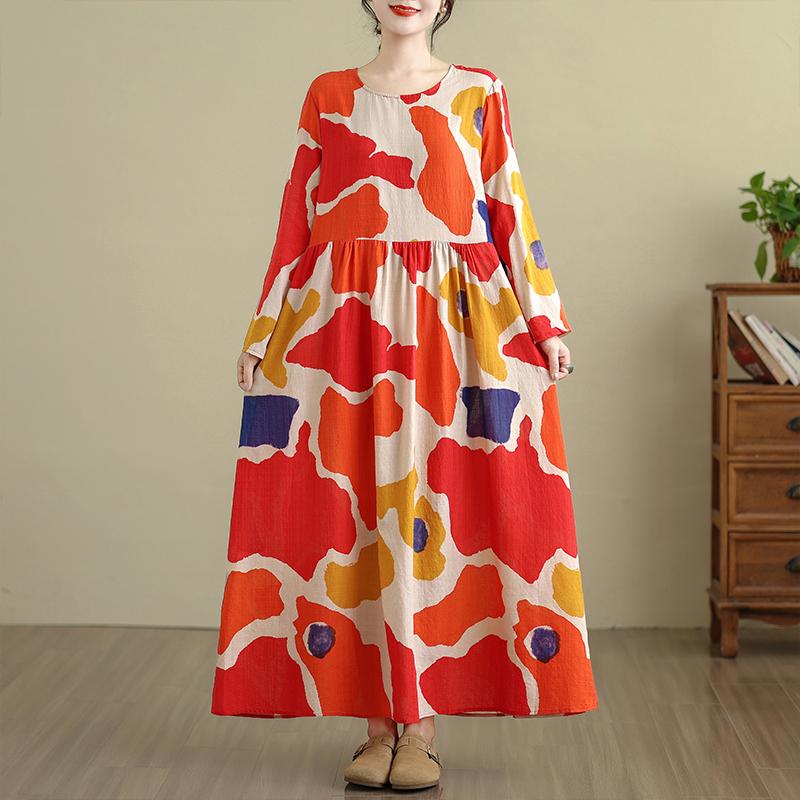 DIMANAF Nuovo 2025 Donna Taglie Forti Primavera Abito Lungo Morbido Base Vintage Oversize Manica Lunga Maxi Floreale
