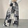 Women Plus Size Red White Plaid Printed Loose Straight Leg Full Length Pants