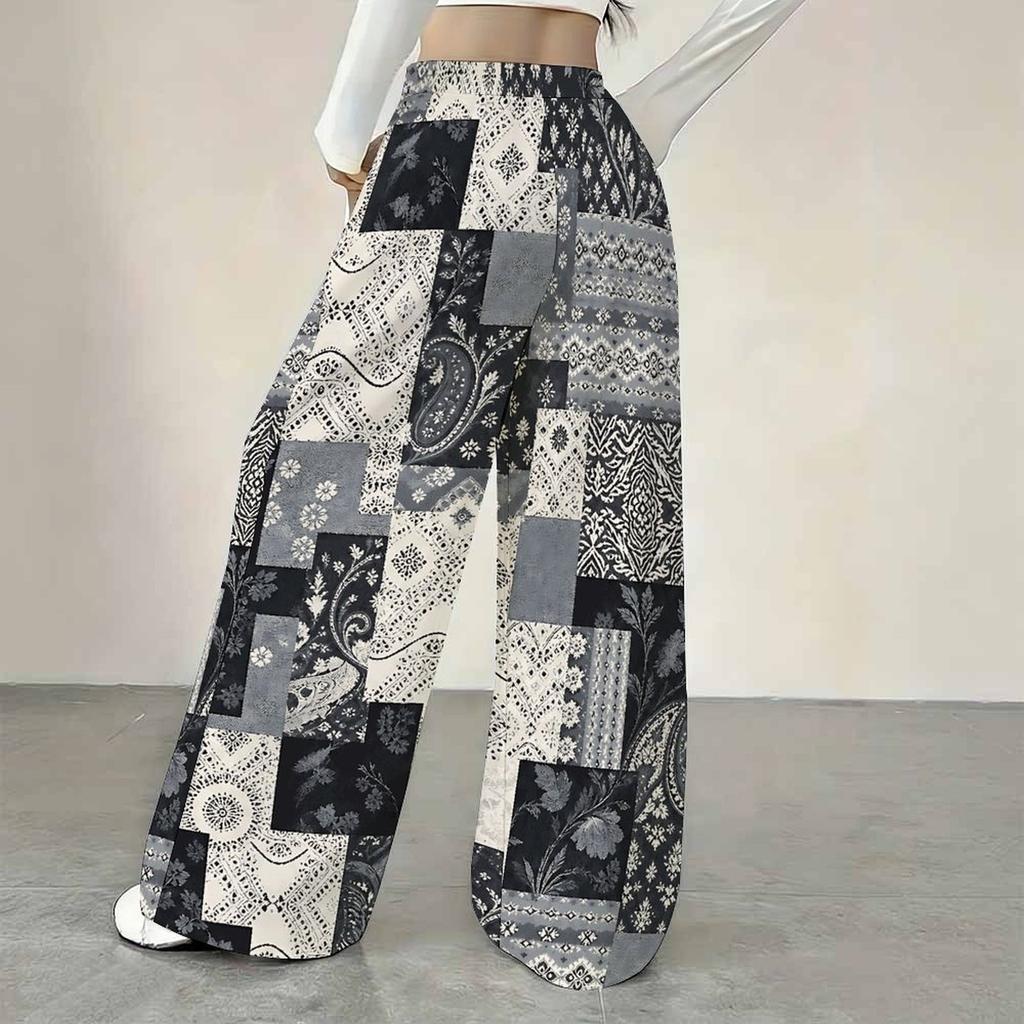 Women Plus Size Red White Plaid Printed Loose Straight Leg Full Length Pants