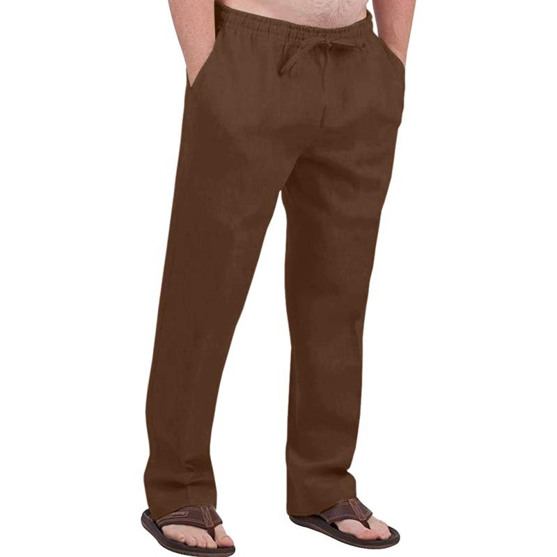 Herren Freizeit Atmungsaktive Baumwoll-Leinen Kordelzug Hose – Atmungsaktive Sommer Strandhose