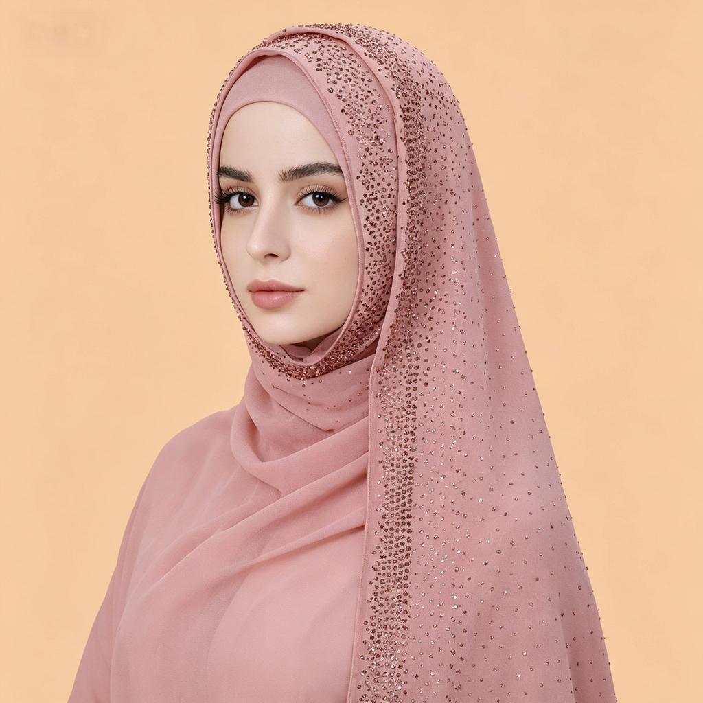 Full Cover Rhinestone Chiffon Scarf Solid Color Breathable Prayer Hijab Crinkle Shawl