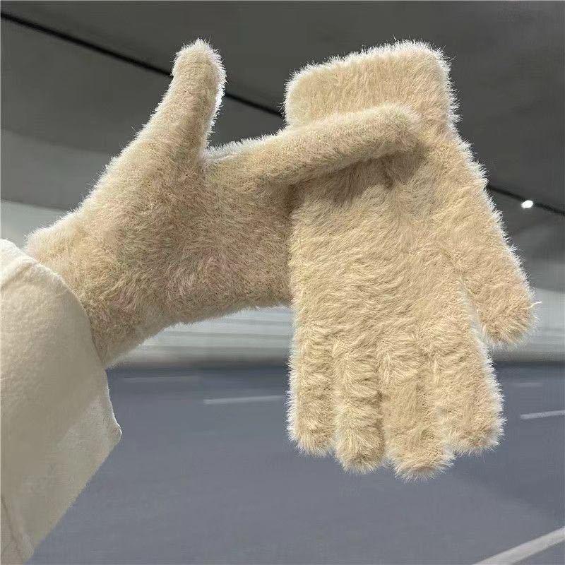 

Winter Mink Velvet Gloves Universal Five Finger Gloves Thicken Knitted Warm Mitten Anti-cold Outdoor Plush Gloves Solid Color хаки