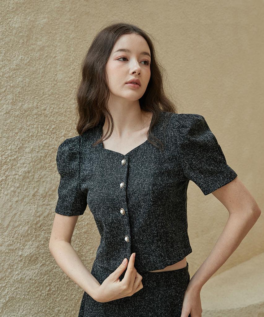 BIBYSEOB [Set] Heartneck Tweed Blouse + Tweed A-Line Long Skirt Black