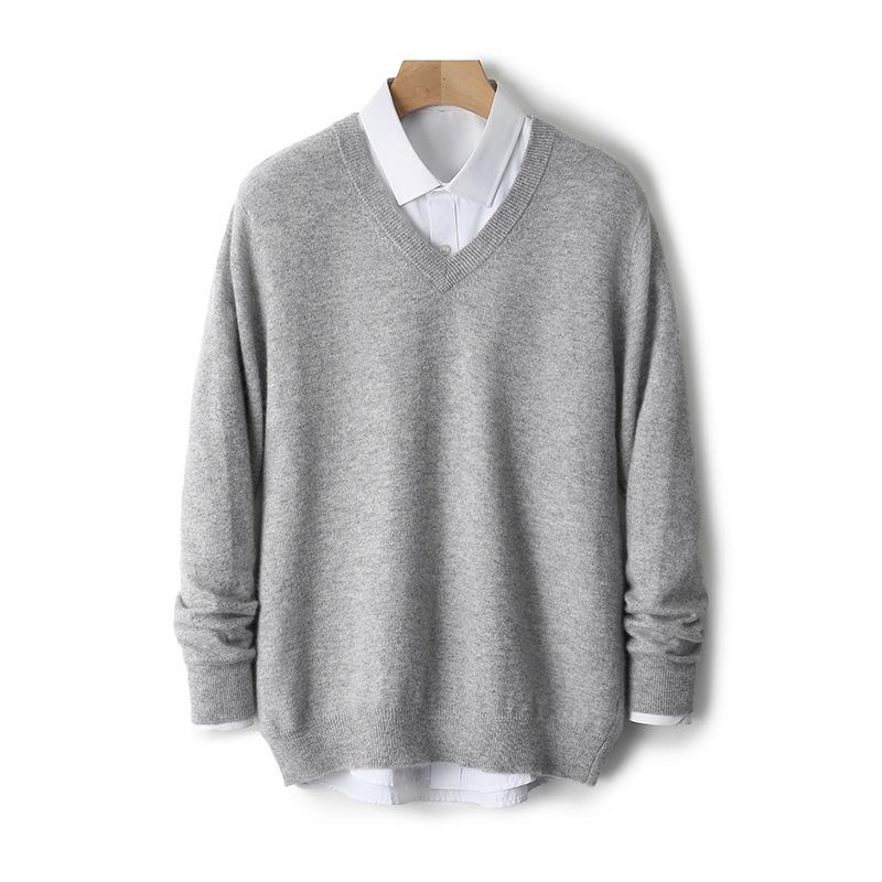 Men's V-Neck 100% Pure Wool Sweater - Solid Color, Short/Long Sleeve, Cashmere Knit Base Layer for Autumn/Winter