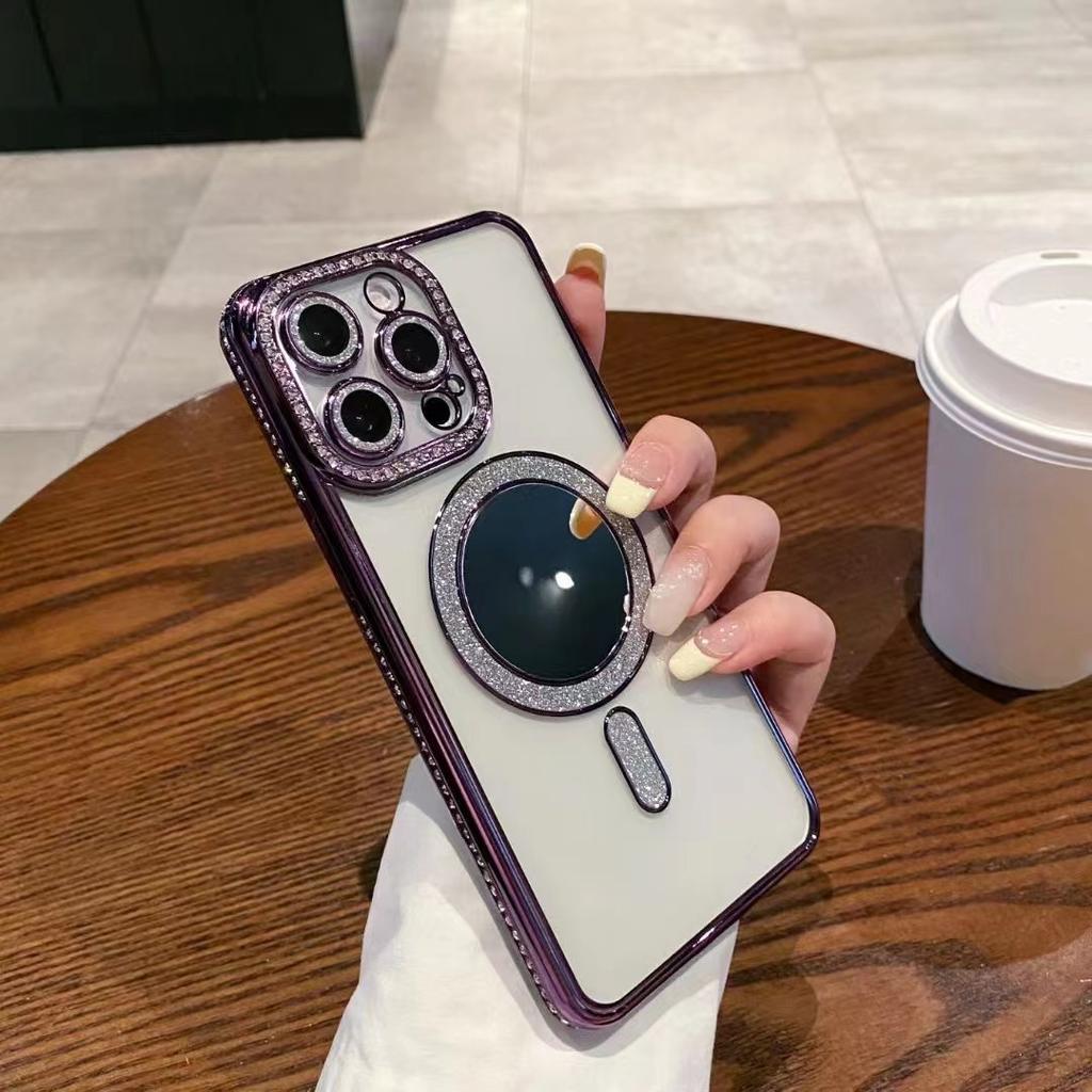 Applicable To Iphone17Pro Rhinestone Flash Powder Magnetic Suction Mobile Phone Case Mirror Apple 16 Luxury Transparent 15 Protective Case