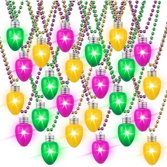 24 Pcs LED Mardi Gras Beads Necklace Colorful Light up Bulb Necklaces Mardi Gras Lanyard Glow Necklace Mardi Gras Tossing Beads Glow Birthdays 24