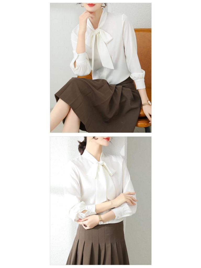 Acetate Satin French Court Shirt: 2025 Spring/Autumn Bow-Tie Blouse