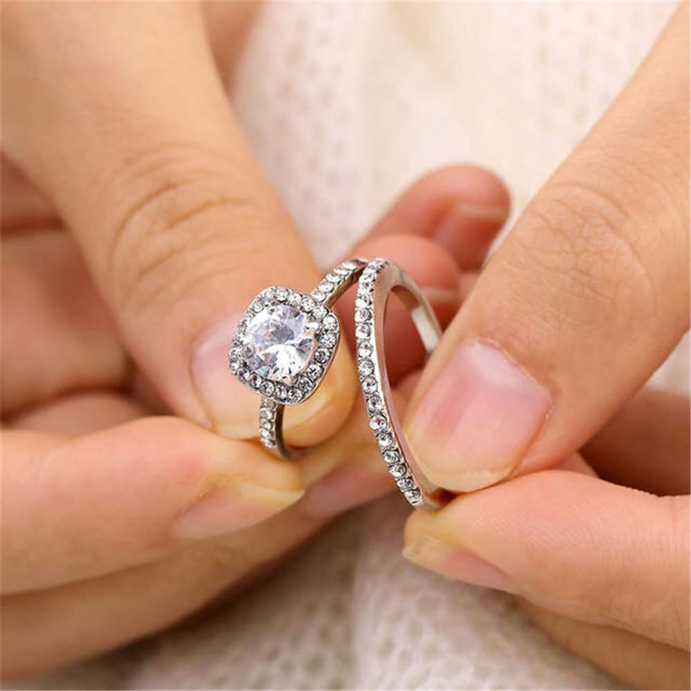 2pcs/Lot Classic Wedding Ring Set For Women White Square Zircon Trendy Engagement Silver Plated Jewelry Party Gift