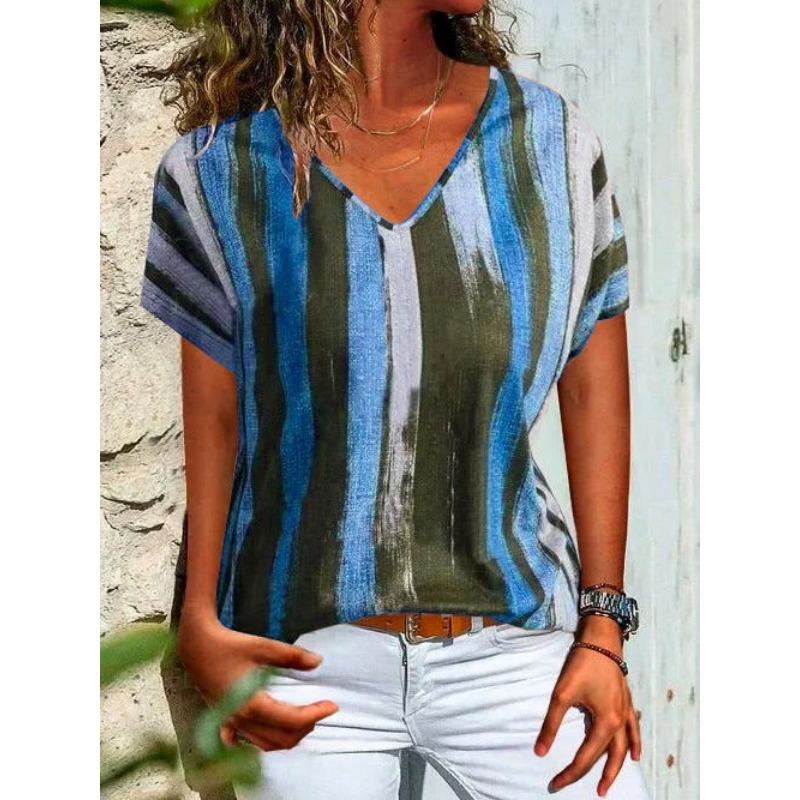Summer V-neck 3D Retro Ethnic Style Printed Top Fashionable Casual Short Sleeved Women's T-shirts