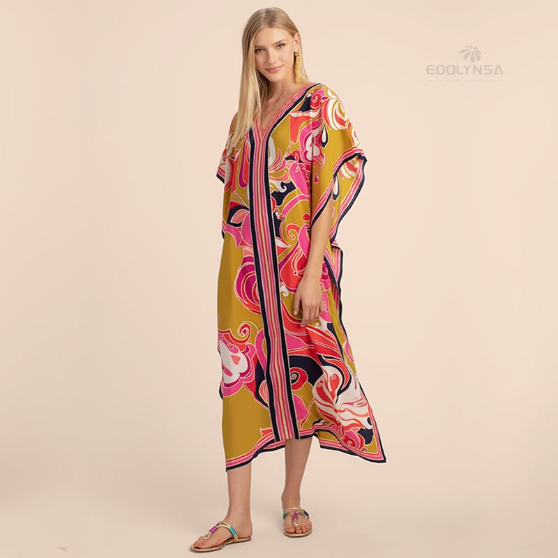 Long Kaftan Bohemian Printed Bikini Cover-ups Sexy V-neck Half Sleeve Maxi Dress Tunic Women Beach Wear Swim Suit Cover Up Q1333
