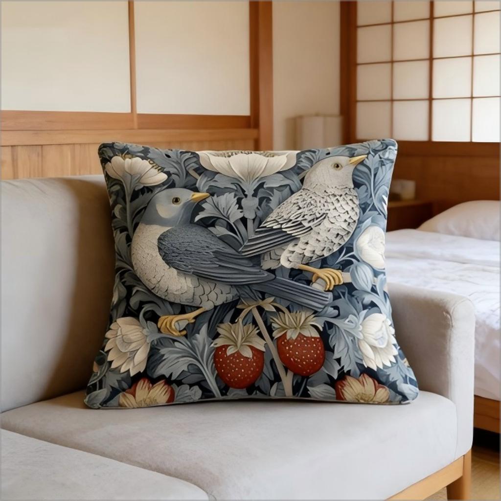 Vintage William Morris Bird Strawberry Pillow Cover Boho Floral Cushion Case Cottagecore Home Decor Bird Lover Gift