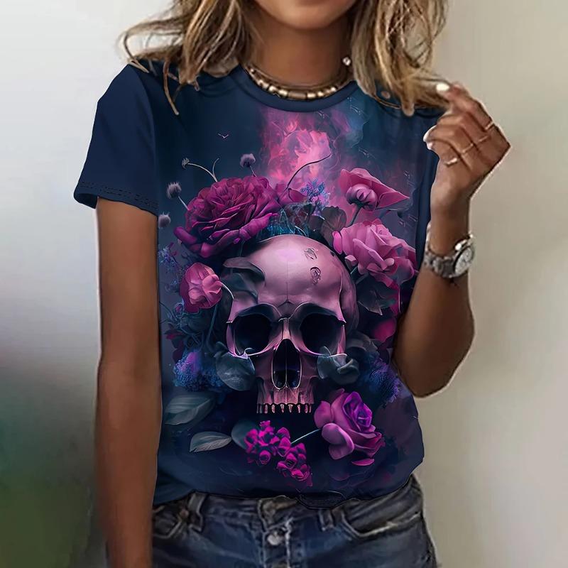 Funny 3D Skulls Print Women's T-Shirts Hip Hop Gothic Harajuku Female Clothing Fashion Rose Short Sleeve Casual O-neck Loose Top