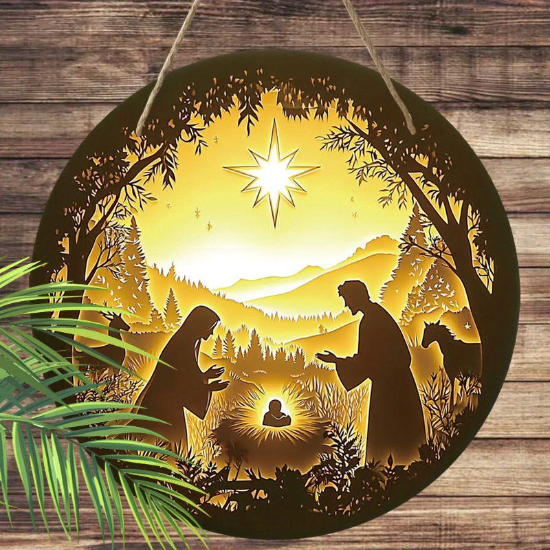 Hellig natt Krybbespill anheng, dekorasjon av hjemmevegger eller dører, 2d flatt tre, juledekorasjon, gaver til venner og familie