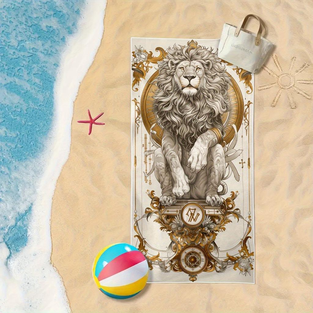Exquisite Lion-Print Large Quick-Drying Beach Towel, Polyester Sand Sun Protection for Surfing Yoga
