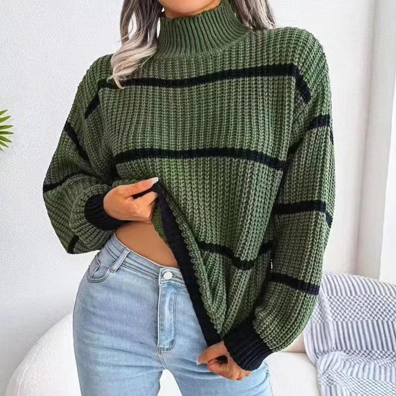 European and American Style Sweater for Beautiful Women In Autumn and Winter, High Necked Loose Striped Long Sleeved Sweater