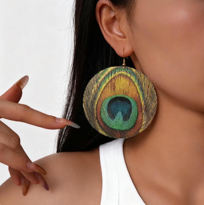 Przesadzone Luksusowe Kolczyki z Piór Pawich - Styl Retro Etniczny