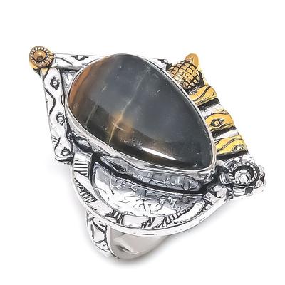 Natural Tiger Eye Gemstone 925 Sterling Silver Two Tone Gift Ring Size 8 o7G97
