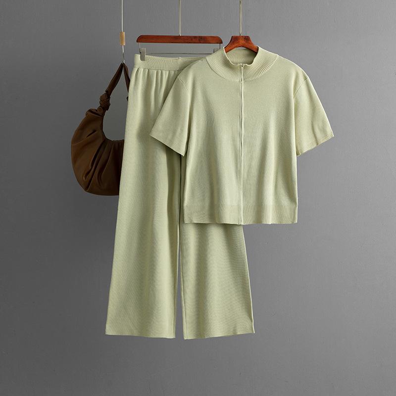 

Women s fashion semi-turtleneck solid color short-sleeved zipper set + wide-leg pants two-piece set one size fits all светло-зеленый