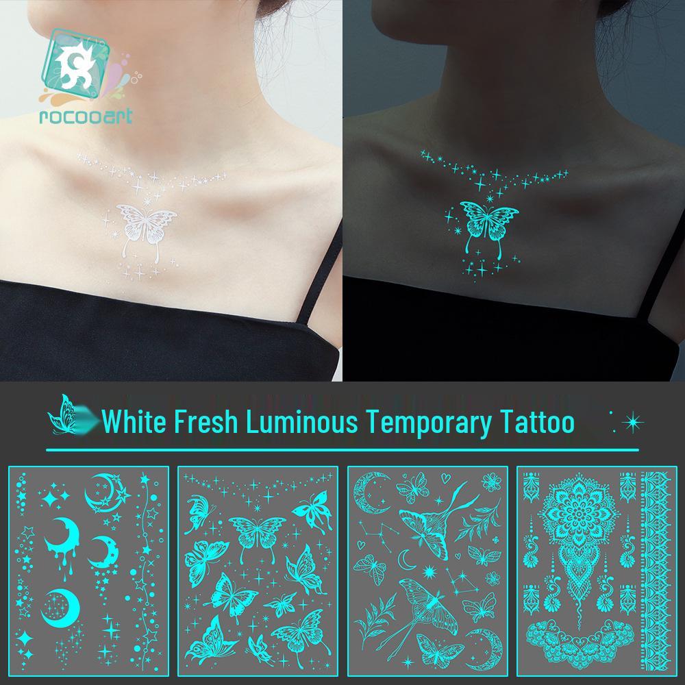 Adesivi Tatuaggio Ricaron 2024 Henné Luminoso & Farfalla Bianca per Viso & Braccio