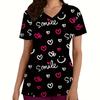 Fashion Heart Print Surgical Uniforms Woman V-Neck Health Care Clinical Uniform Summer Short Sleeve with Pockets Scrubs Woman