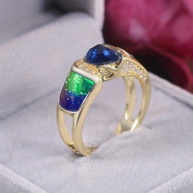 Elegant Vintage Triangle Cut Sea Blue Ring with Synthetic Zirconia Accents – Golden-Plated Copper Band for Women, Perfect Wedding or Bridesmaid Party