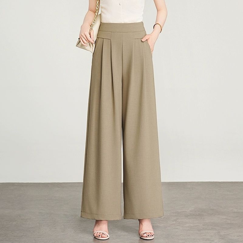 Women Spring Khaki High Waist Pleated Pocket Wide Leg Office Casual Trousers M хаки