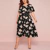 Large Size Ladies Flower Print V-neck Short-sleeved Dress European and American Waist Loose Split Mid-length Chiffon Skirt