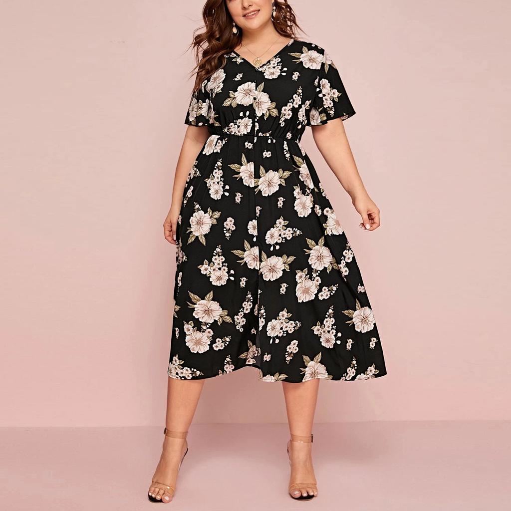 Large Size Ladies Flower Print V-neck Short-sleeved Dress European and American Waist Loose Split Mid-length Chiffon Skirt