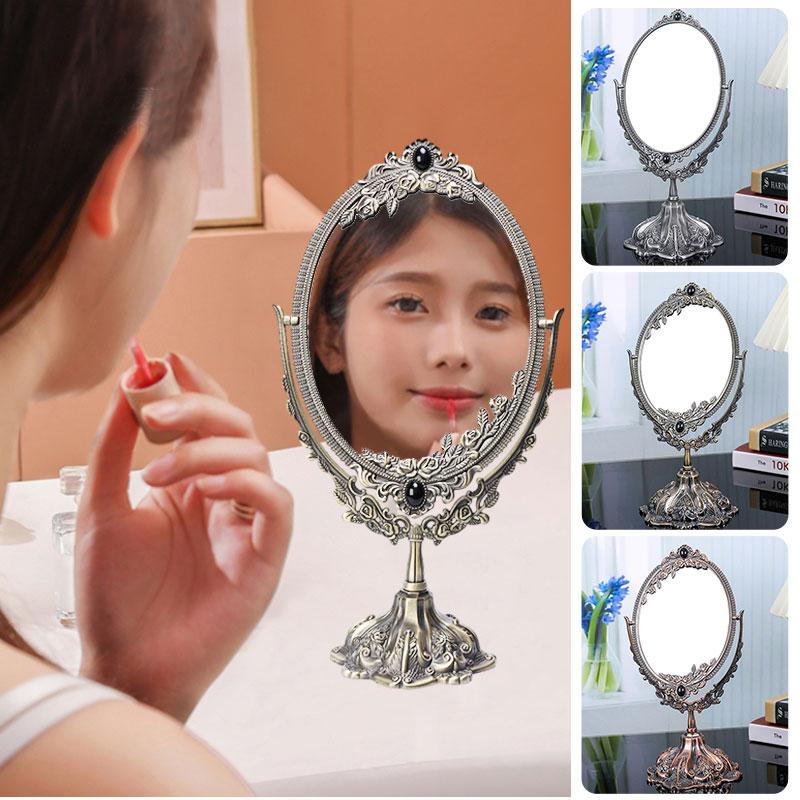 Double-sided Vintage Makeup Mirror Rotatable European Desktop Mirror Oval Makeup Mirror Bedroom Living-Room Dresser Decoration