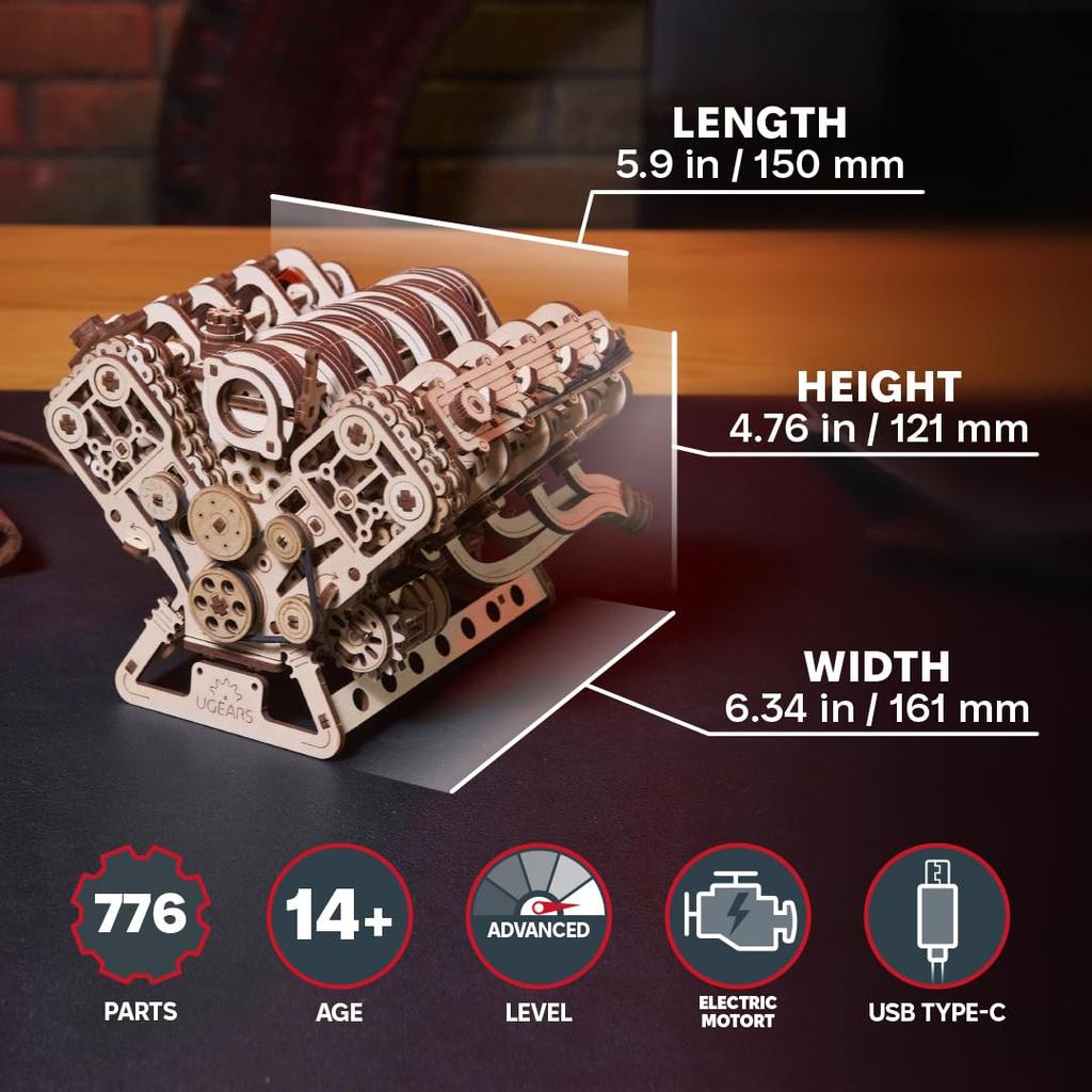 Ugears V8 Engine Puzzle Wooden Craft Model No Glue or Tools Required - -