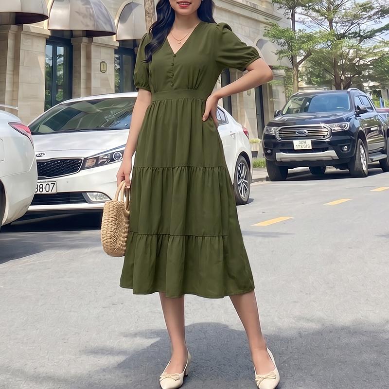 ZANZEA Women Elegant V-Neck Casual Solid Color Short Sleeve Dress