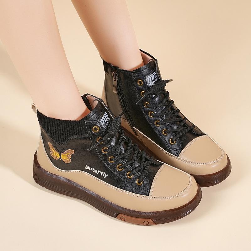 Women's Genuine Leather Short Boots with Plush Lining - Comfortable Sole Martin Boots for Autumn & Winter