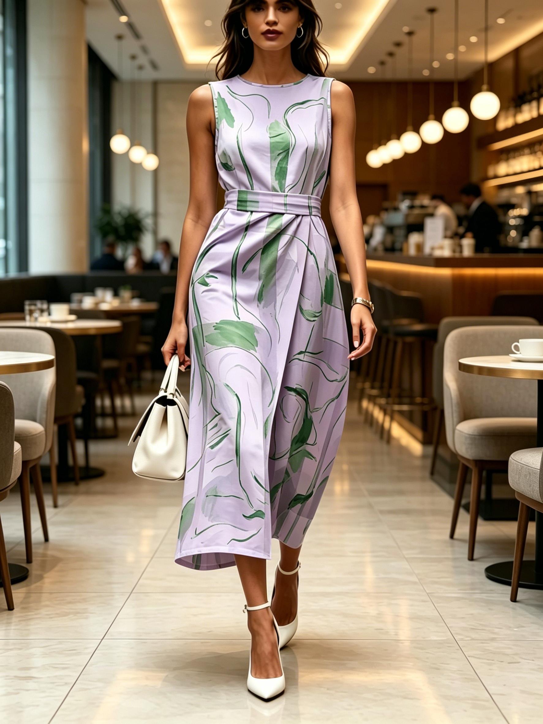 

Women Round Neck Sleeveless Midi Dress Light Purple with Green Abstract Watercolor Print Modern Elegant Casual Fashion Spring Summer Womens Clothing XXL