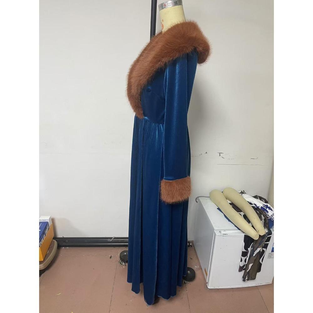 Women'S Long-Sleeved Long-Style Thickened Gold Velvet Dress Fur Collar Jacket Dress