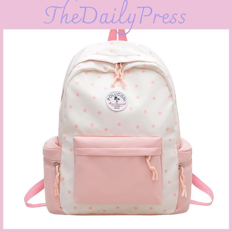Color Simple Blocked Star Pattern Student Backpack For Girls Daily Use School
