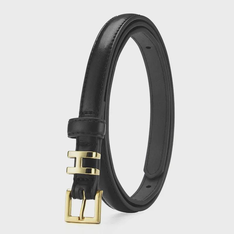 Curea subțire din piele neagră pentru femei - la modă, simplă și versatilă pentru blugi de înaltă calitate, curea îngustă la modă în stil coreean