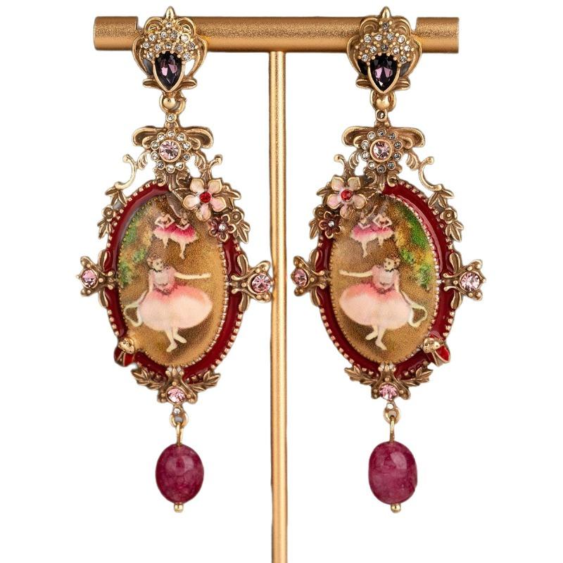 Medieval temperament versatile retro oil painting ballet girl stud earrings old flowers bee relief light luxury carved earrings