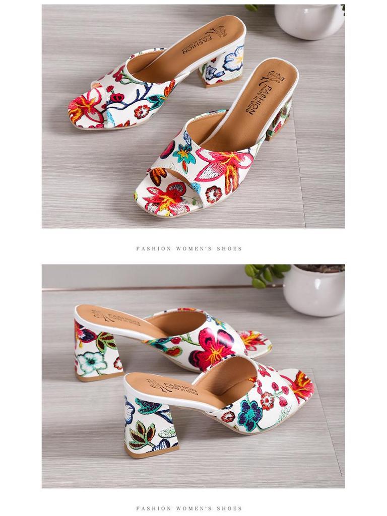 European & American Embroidered Open Toe High Heel Square Toe Sandals - Women's Plus Size, Chunky Heel, One-Strap Fashion Slippers