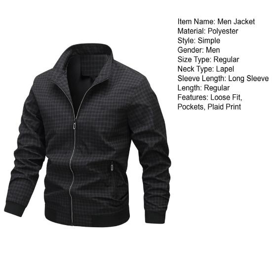 Yousheng Men Jacket Lapel Long Sleeve Zipper Placket Jacket Coat with Pockets Plaid Print Loose Fit Casual Outwear