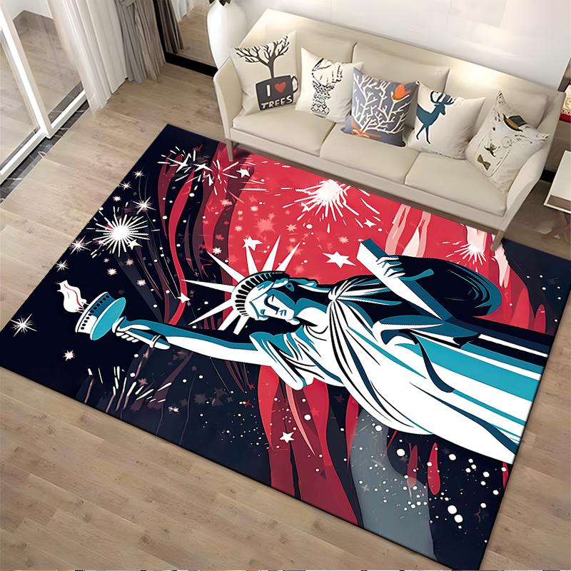 Statue of Liberty Themed Carpet with Fireworks and Red-Blue Design Suitable for Use As an Anti-slip for Living Room Bedroom Sofas