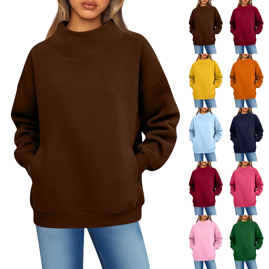 Women's Fashionable Casual Solid Color Round Neck Long Sleeved Pocket Sports Casual Pullover Sweatshirt Top