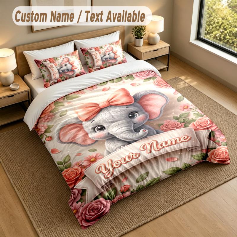 Set Biancheria da Letto Personalizzato a Tema Elefante 3 Pezzi Testo e Nome Personalizzati 1 Lenzuolo 2 Federe Biancheria da Letto per la Casa 1 pezzo