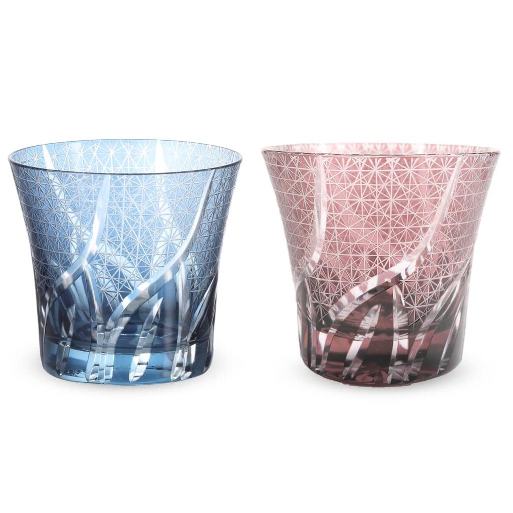 Nostalgia Cut Glass Pair Cups 240cc Random Carving Small Pattern Ink Blue Purple with Engraved Base Bishou Current Model J-kitchens 94xH85mm &