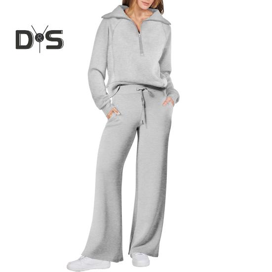 2 buc./set Toamna iarna Palton Pantaloni Costum rever Culoare uni Gros Lejer Culoare uni Fermoar Decor Maneca lunga Picior Lat Snur Talie elastica Dama