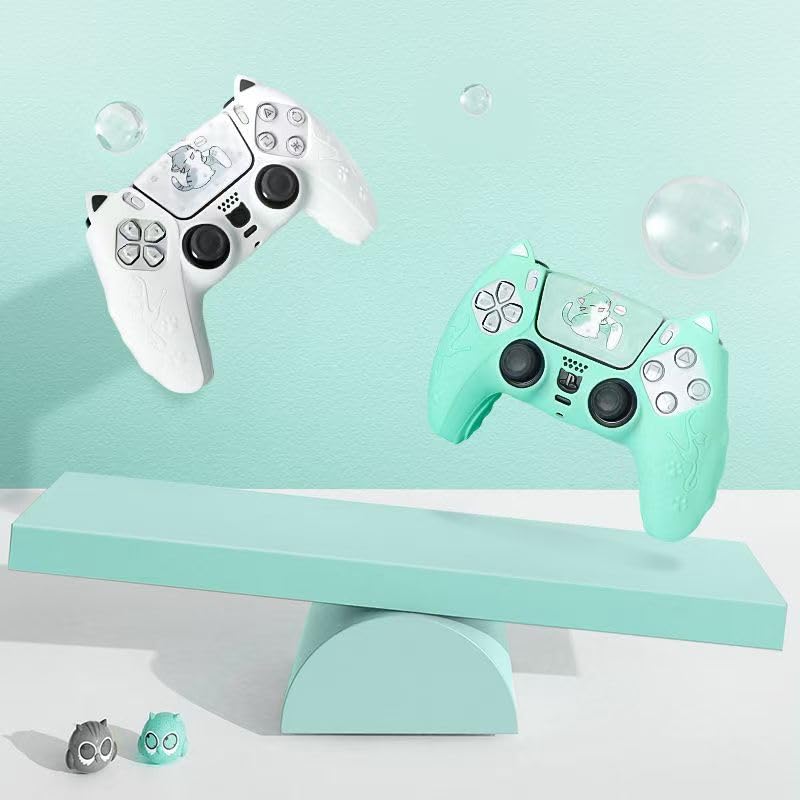 Protective Cover for PS5 Cat Ear Silicone with Stickers and Rocker Caps Controller, Case, Non-Slip, Sweat-Resistant, Dust-Resistant, (White)