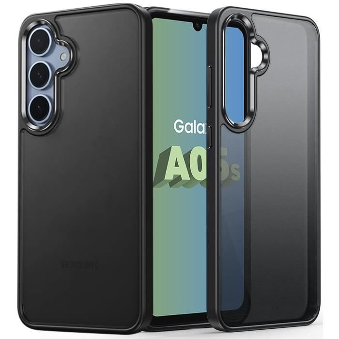 Coque pour samsung galaxy a05s, protection antichoc silicone noir + dos pc translucide