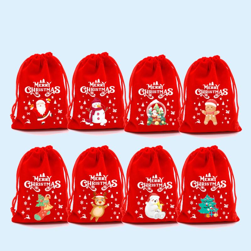 12pcs Christmas Velvet Bags Drawstring Pouch Xmas Candy Gift Bag Red Xmas Man Deer Happy New Year Gift Bags Party Favors Supply