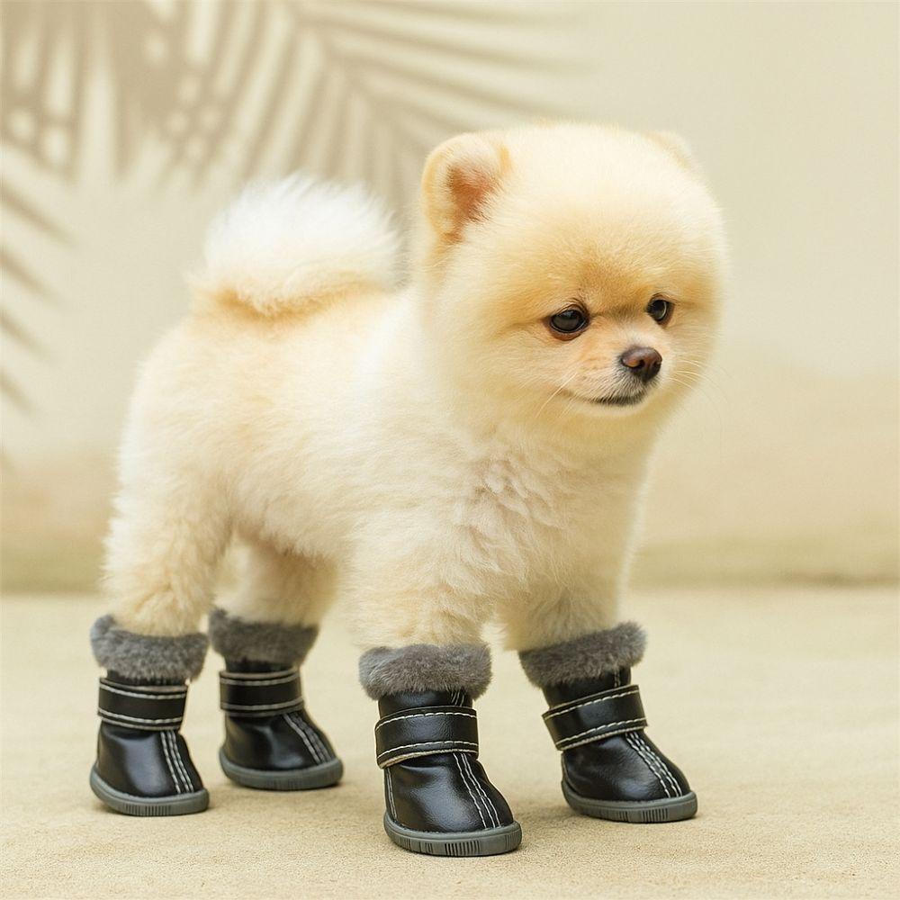 4PCS Plush Winter Pet Dog Shoes Non Slip Anti-Freezing Waterproof Dog Boots PU Leather Warm Dog Fleece Shoes Outdoor Use