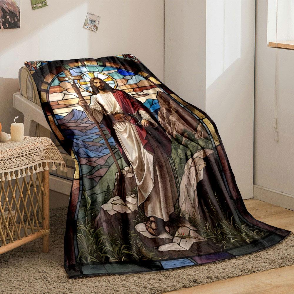 Jesus Cross Mountain Stained Glass Style Blanket Printed Blanket for Living Room Bed Couch lunch break Soft Cozy Blanket for Friend's festival Gift
