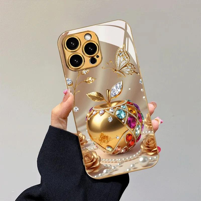 Šperky Pro Vzor Jablka Kovová Barva Skleněné Pouzdro Na Telefon Pro iPhone 18 17 16 15 14 13 12 11 Pro Max 16 Plus 17 Air 16E Kryt